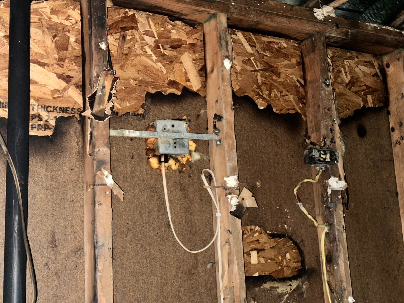 Charred wall framing and sheathing around an electrical box after a fire