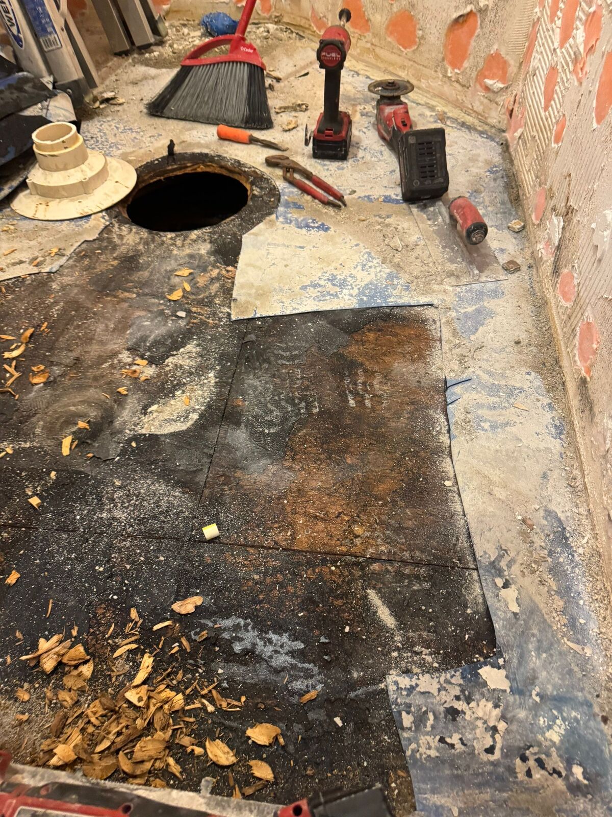 Water-damaged bathroom subfloor exposed during demolition